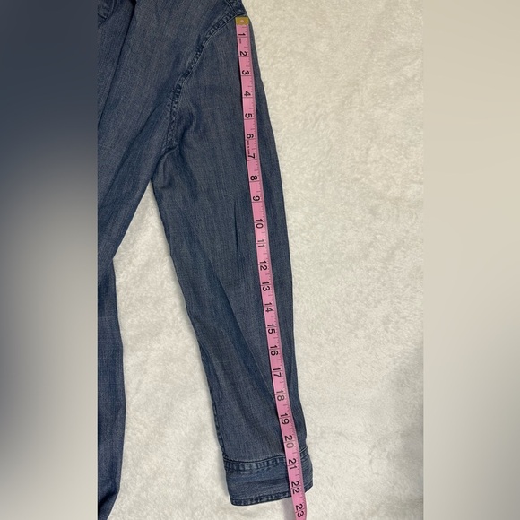 Eileen Fisher Blue Chambray Denim Asymmetrical Long Sleeve Shirt - Picture 8 of 14